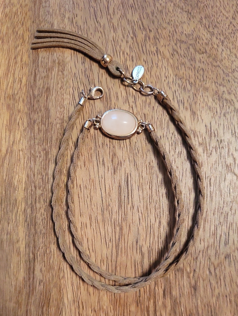 Braided Tan Leather Bracelet with Pink Stone Accent